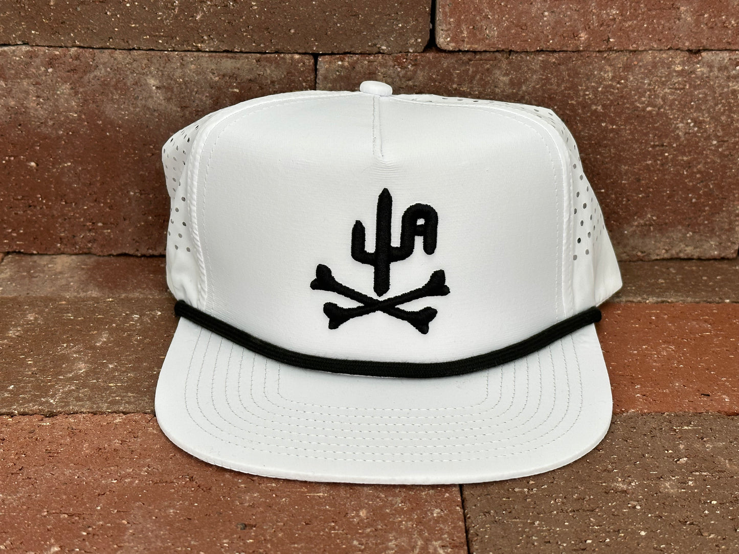 "Bones" - CA White Laser Holes/ Black Rope, Snapback Cap - Black Puff