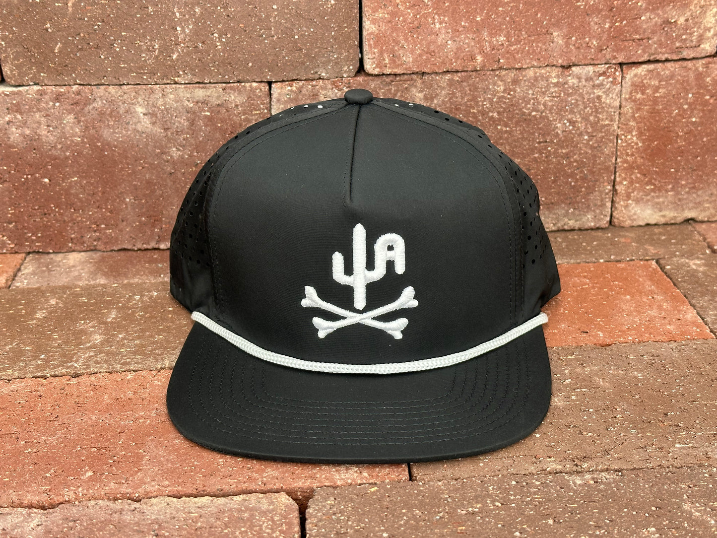 "Bones" - CA Black Laser Holes/ White Rope, Snapback Cap - White Puff