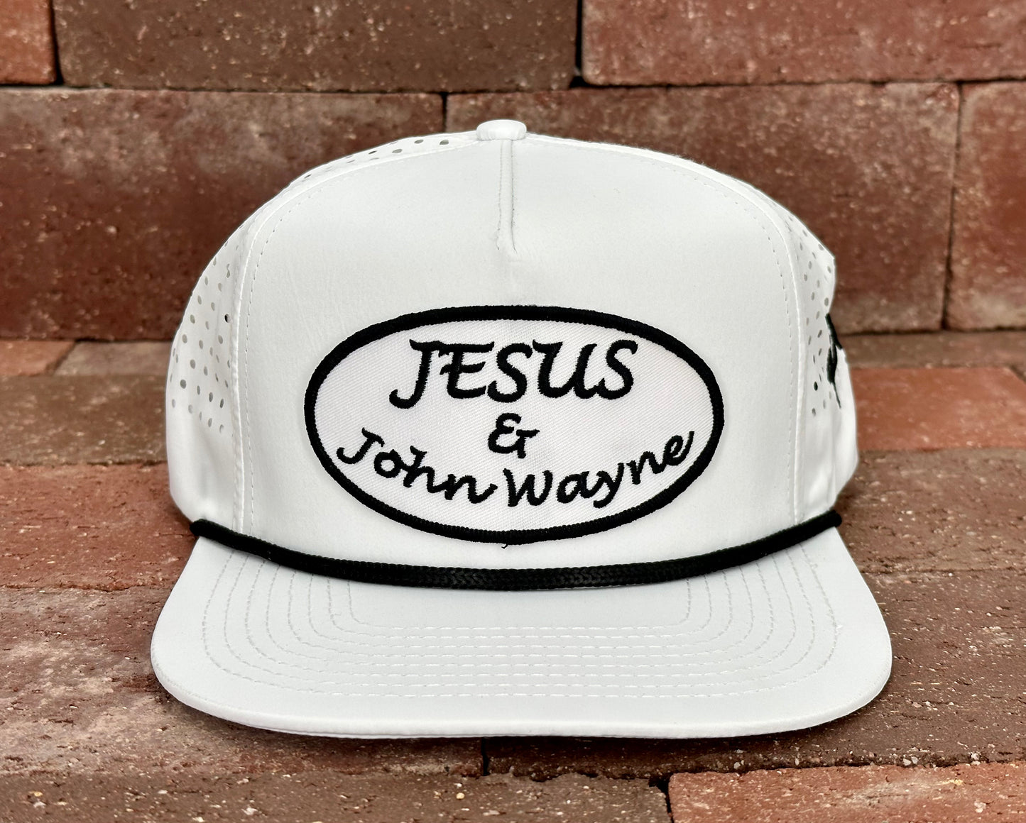 "Jesus & John Wayne" - CA White Laser Holes/ Black Rope, Snapback Cap