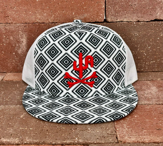 "Bones" Red Puff Stitch - CA Black/White Aztec, Snapback Cap