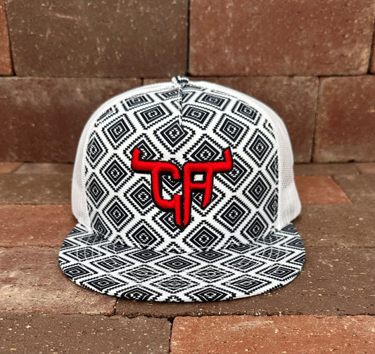 "CA Shorthorn" Red Puff - CA Black/White Aztec, Snapback Cap