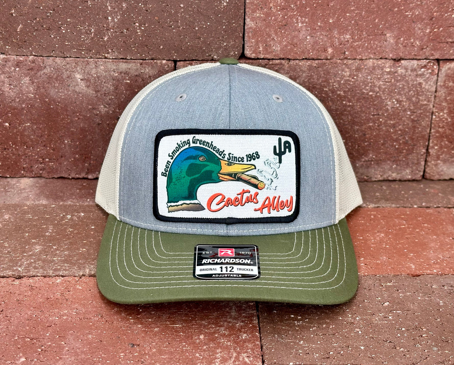 "Greenheads" - Richardson 112 Heather Grey/Birch Mesh/Army Olive, Snapback Cap