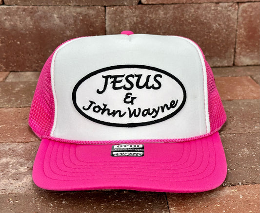 "Jesus & John Wayne" - Foam White/ Hot Pink Mesh, Snapback Cap