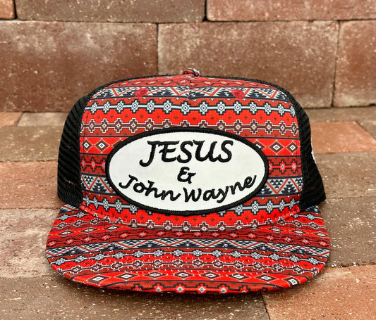 "Jesus & John Wayne"- CA Red/Black Aztec, Snapback Cap