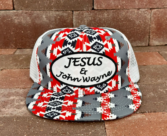 "Jesus & John Wayne" - CA Red/White Aztec, Snapback Cap