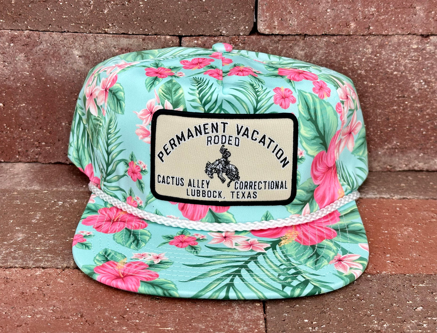 "Permanent Vacation in Tan" - Mint Floral, Snap Back Cap