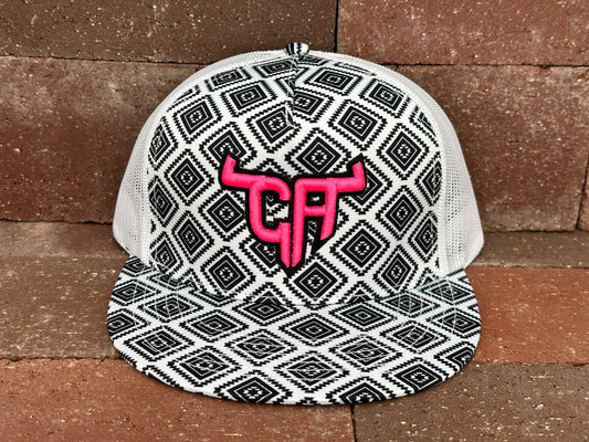 "CA Shorthorn" Pink Puff - CA Black/White Aztec, Snapback Cap