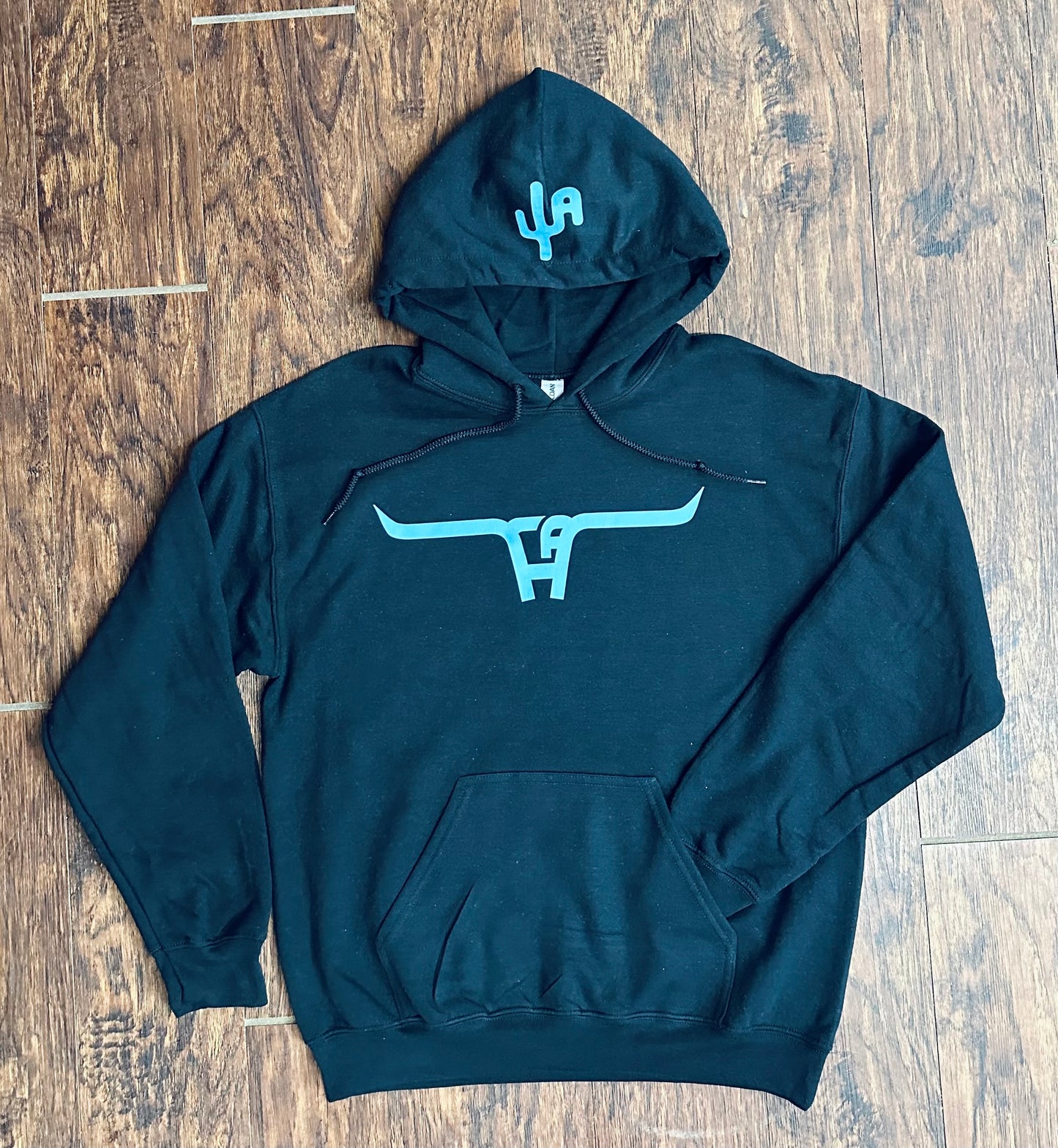 Turquoise "Cactus Alley Longhorn" - Black Adult Hoodie