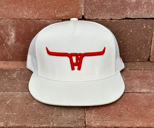 "Cactus Alley Longhorn" Red Puff - CA 6006 White/ White Mesh, Snapback Cap