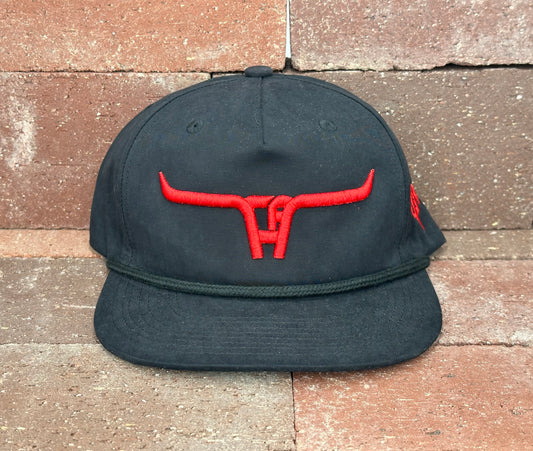 "Cactus Alley Longhorn" Red Puff - CA 256 Black/ Black Rope, Snapback Cap