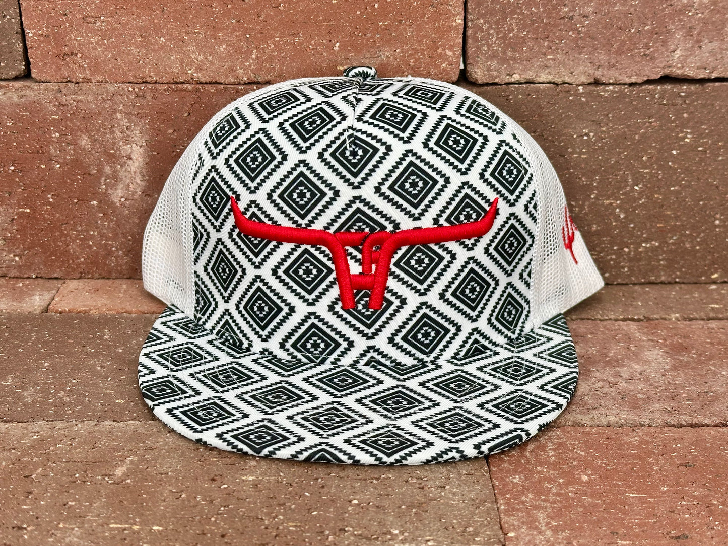 "Cactus Alley Longhorn" Red Puff - CA Black Aztec/White Mesh, Snapback Cap