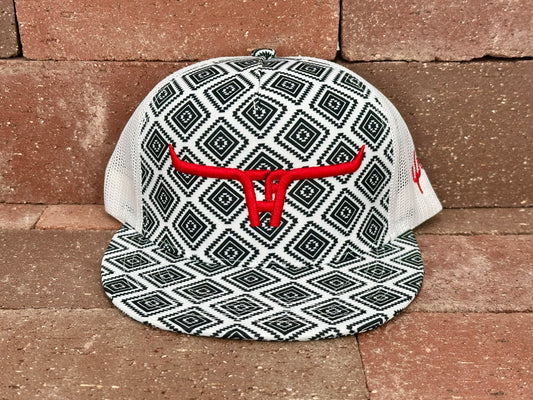 "Cactus Alley Longhorn" Red Puff - CA Black Aztec/White Mesh, Snapback Cap