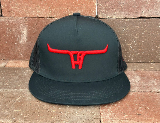 "Cactus Alley Longhorn" Red Puff - 6006 Black/ Black Mesh, Snapback Cap