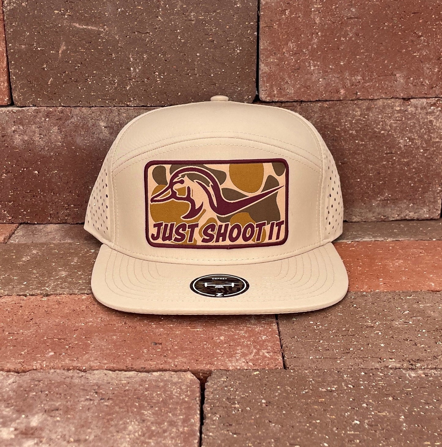 "Shoot It- Camo" - Zapped Khaki 7 Panel/Laser Holes, Snapback Cap