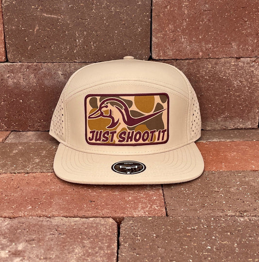 "Shoot It- Camo" - Zapped Khaki 7 Panel/Laser Holes, Snapback Cap