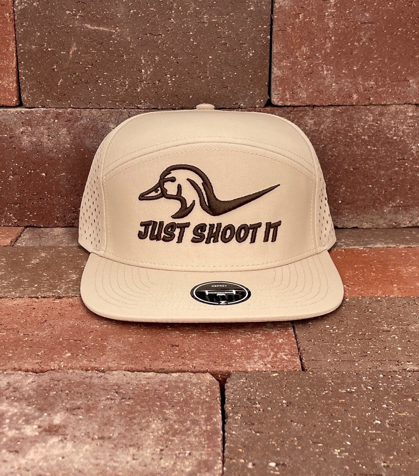 "Shoot It- Chocolate Puff" - Zapped Khaki 7 Panel/Laser Holes, Snapback Cap