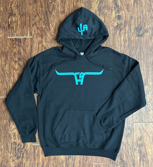 Turquoise "Cactus Alley Longhorn" - Black Adult Hoodie