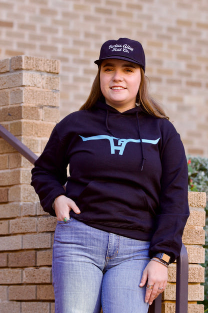 Turquoise "Cactus Alley Longhorn" - Black Adult Hoodie