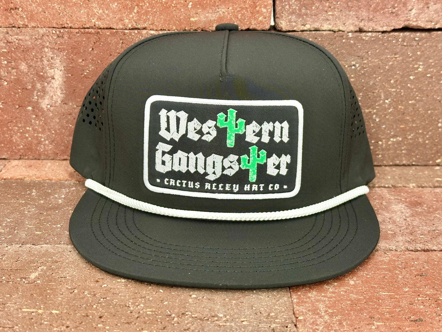 "Western Gangster-BLK" - CA Black Laser Holes/ White Rope, Snapback Cap