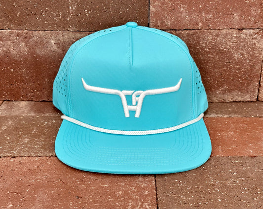 "Cactus Alley Longhorn" White Puff - CA Turquoise Laser Holes/ White Rope, Snapback Cap