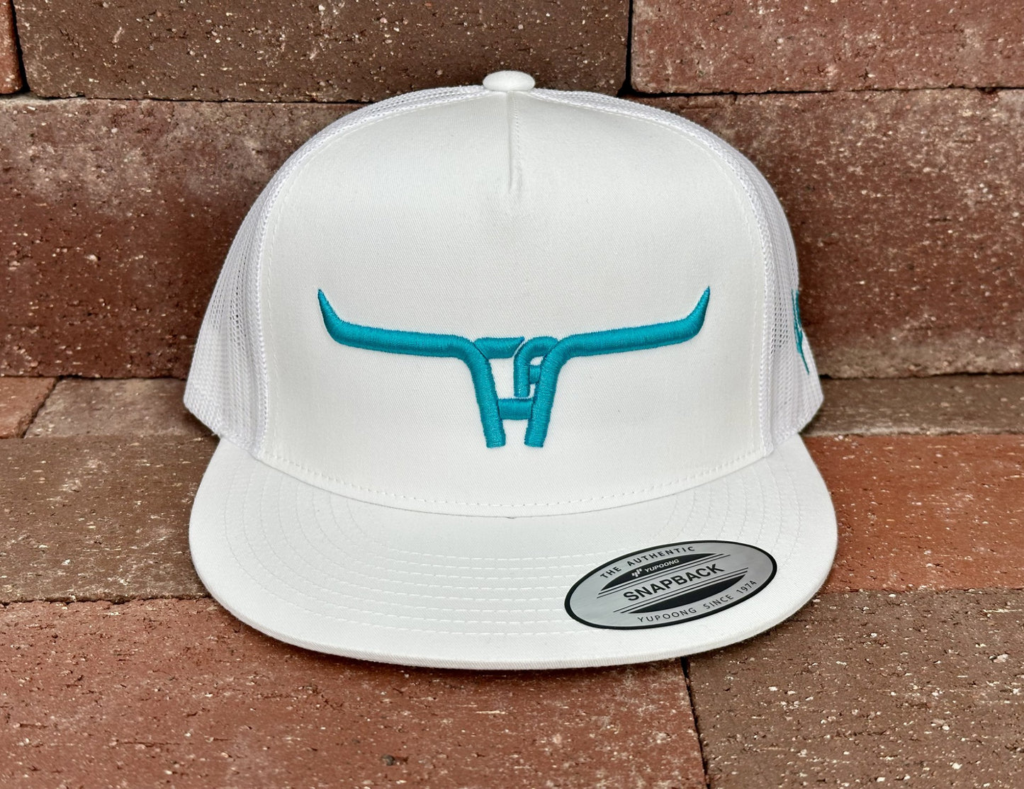 "Cactus Alley Longhorn" Turquoise Puff - 6006 White/ White Mesh, Snapback Cap