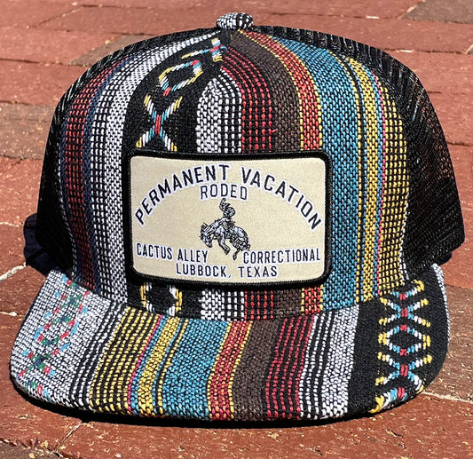 "Permanent Vacation in Tan" - Saddle Blanket Print with Black Mesh Snapback Cap