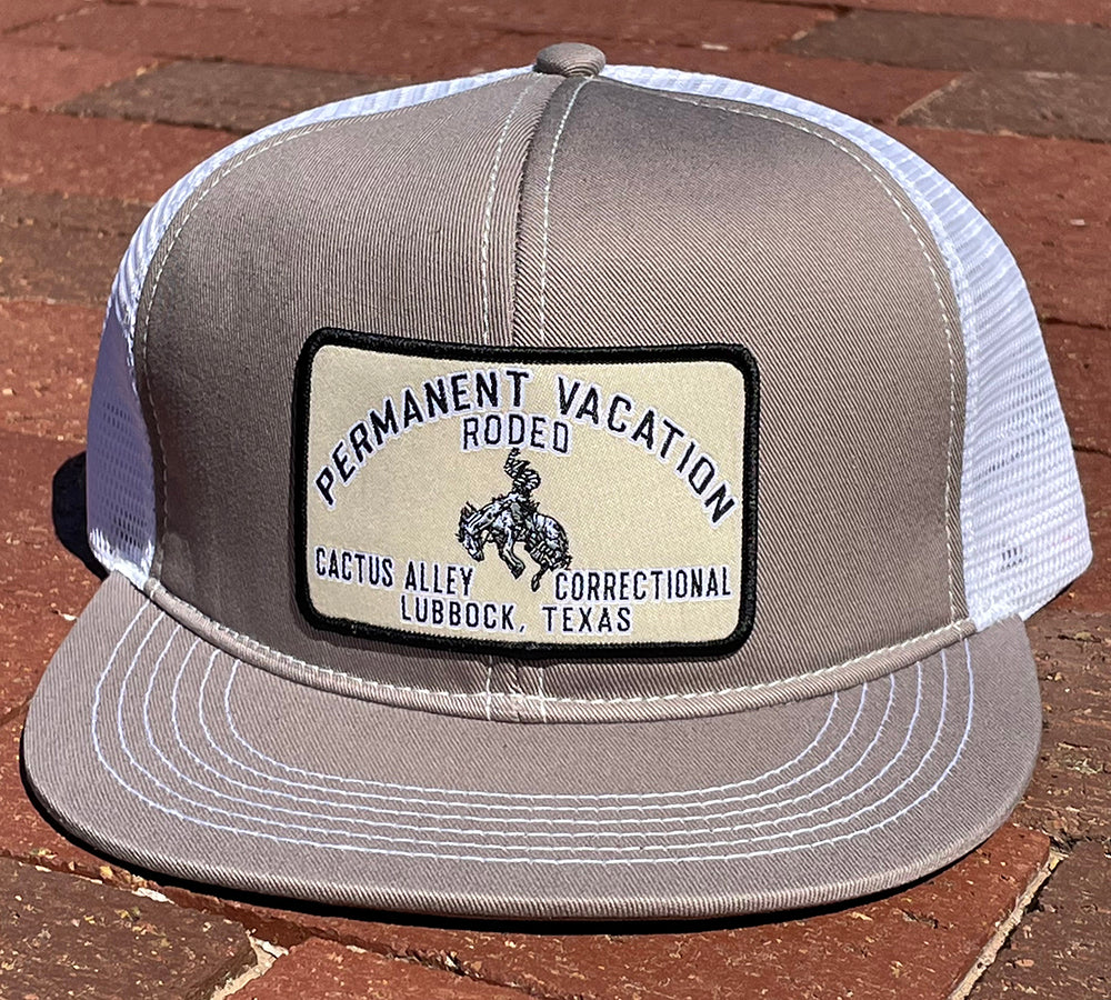 "Permanent Vacation in Tan"- Gray Foam with White Mesh Snapback Cap